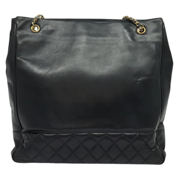 CHANEL Chain Tote Bag Lamb Skin Navy Gold CC Auth bs28662