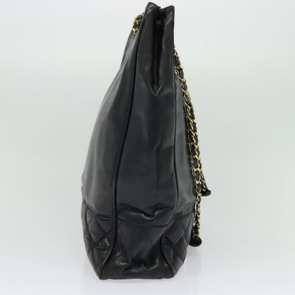 CHANEL Chain Tote Bag Lamb Skin Navy Gold CC Auth bs28662