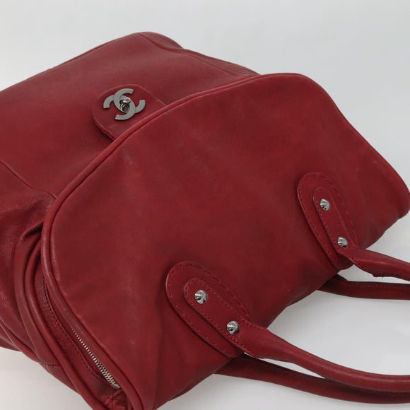 CHANEL Boston Bag Lamb Skin Red CC Auth bs28667