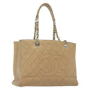 CHANEL Matelasse Chain Tote Bag Caviar Skin Beige Silver CC Auth bs28668-1
