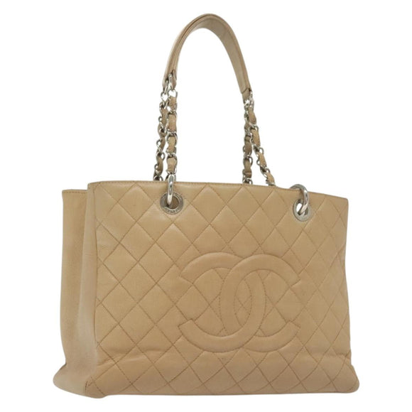 CHANEL Matelasse Chain Tote Bag Caviar Skin Beige Silver CC Auth bs28668