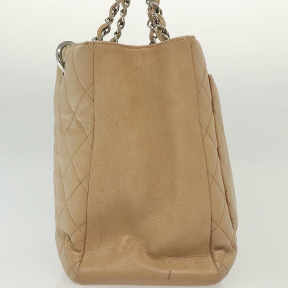 CHANEL Matelasse Chain Tote Bag Caviar Skin Beige Silver CC Auth bs28668