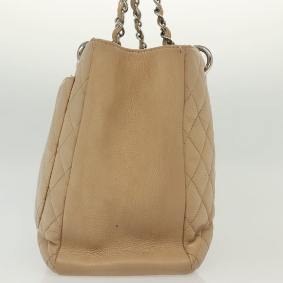 CHANEL Matelasse Chain Tote Bag Caviar Skin Beige Silver CC Auth bs28668