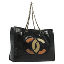 CHANEL Chain Tote Bag Enamel Black Silver CC Auth bs28675-1