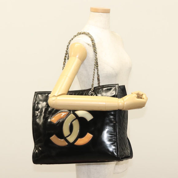 CHANEL Chain Tote Bag Enamel Black Silver CC Auth bs28675