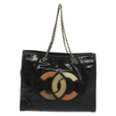 CHANEL Chain Tote Bag Enamel Black Silver CC Auth bs28675-13