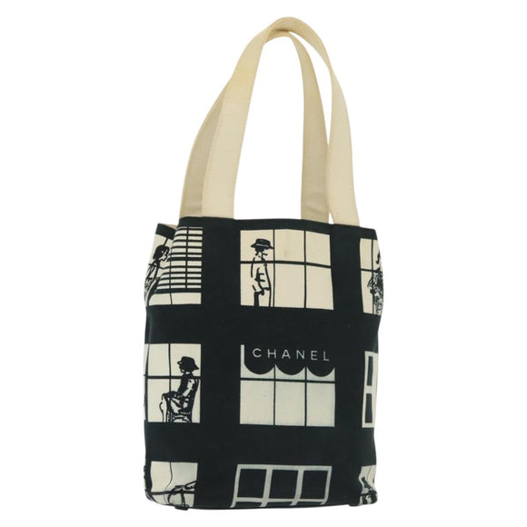 CHANEL windows Tote Bag Canvas Black White gold CC Auth bs28677