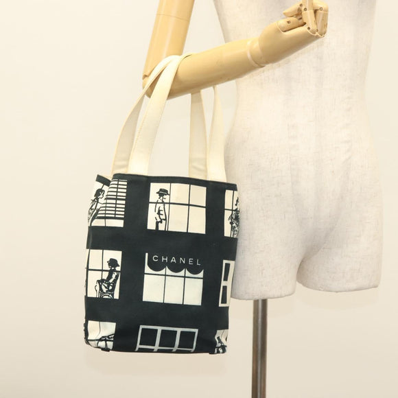 CHANEL windows Tote Bag Canvas Black White gold CC Auth bs28677