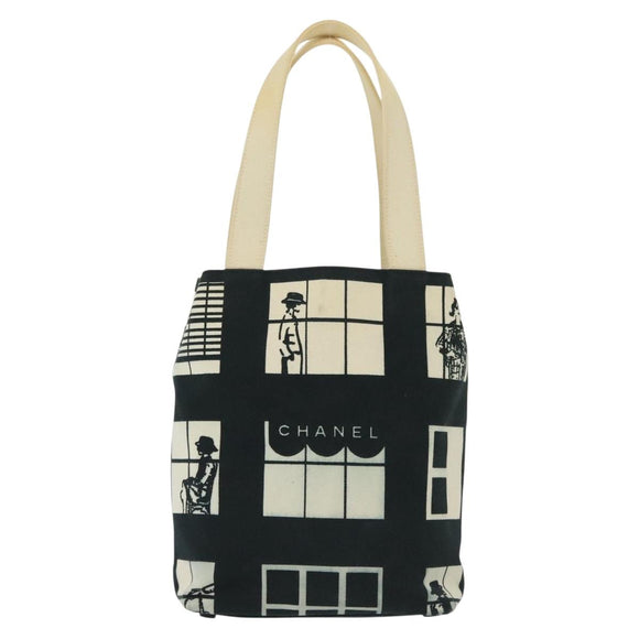 CHANEL windows Tote Bag Canvas Black White gold CC Auth bs28677