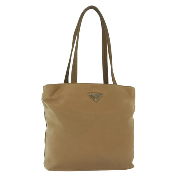 PRADA Tote Bag Nylon Beige Silver Auth bs28686