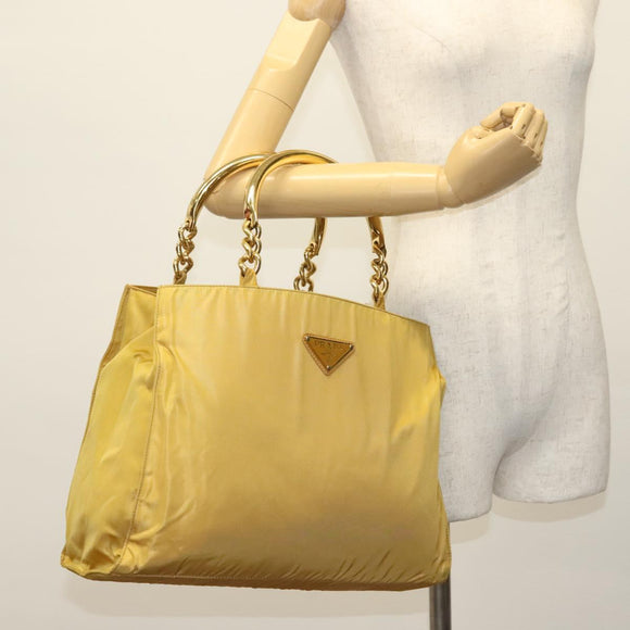 PRADA Tote Bag nylon metal Yellow Gold Auth bs28687