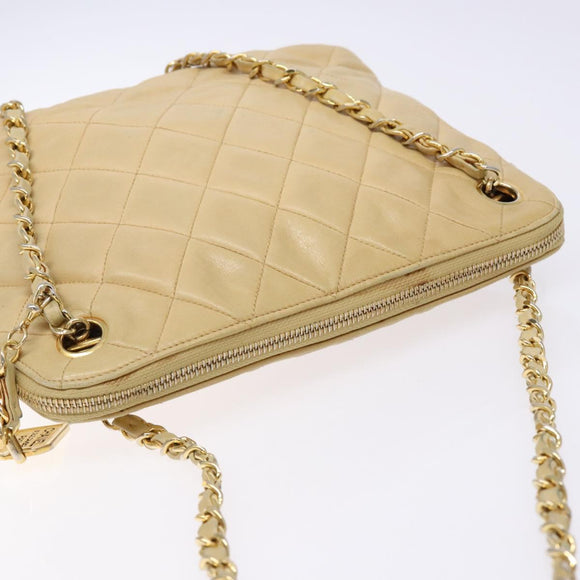 CHANEL Matelasse Chain Shoulder Bag Lamb Skin Beige Gold CC Auth bs28703