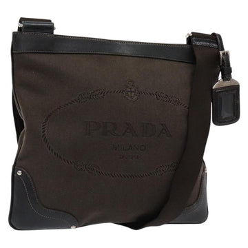 PRADA Shoulder Bag Canvas Leather Brown Silver Auth bs28705