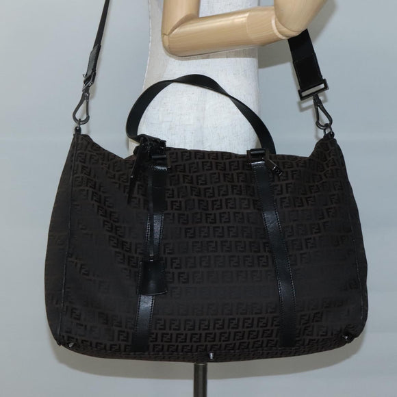 FENDI Zucchino Canvas Boston Bag 2way Brown Black Auth bs28712