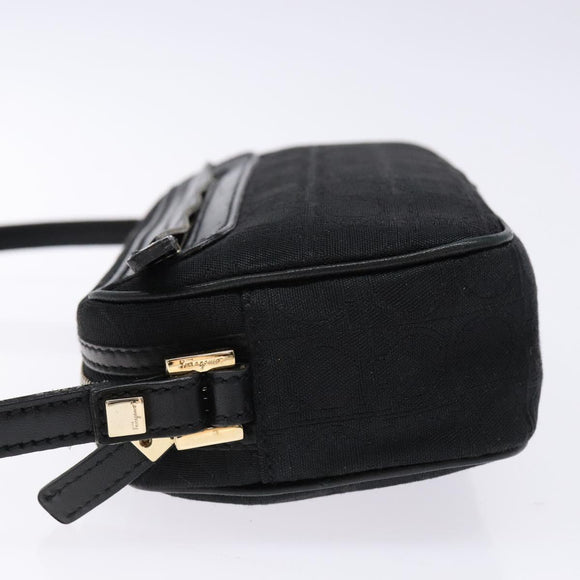 Salvatore Ferragamo Gancini Shoulder Bag Canvas Leather Black Gold Auth bs28715