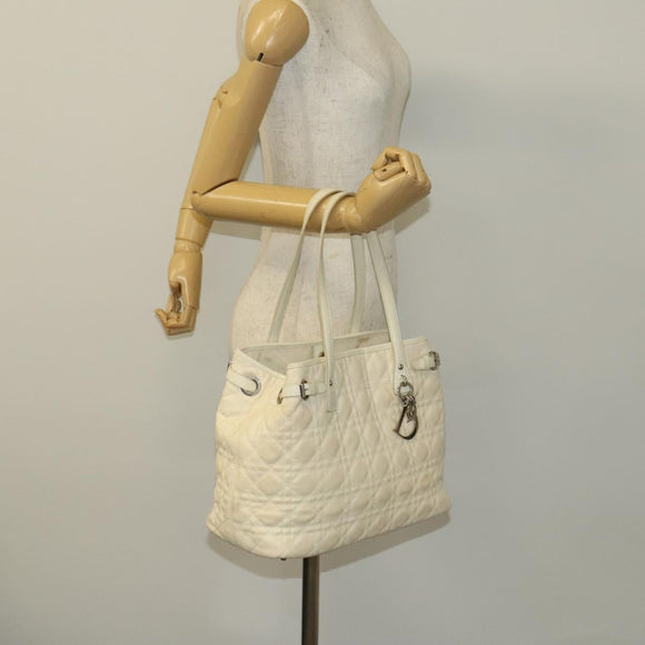 Christian Dior Canage Tote Bag Coated Canvas Leather Ivory Silver Auth bs28723