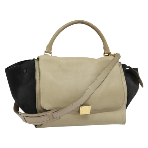 CELINE Trapeze Hand Bag Leather Suede 2way Beige Black gold Auth bs28736