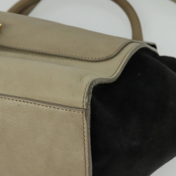 CELINE Trapeze Hand Bag Leather Suede 2way Beige Black gold Auth bs28736