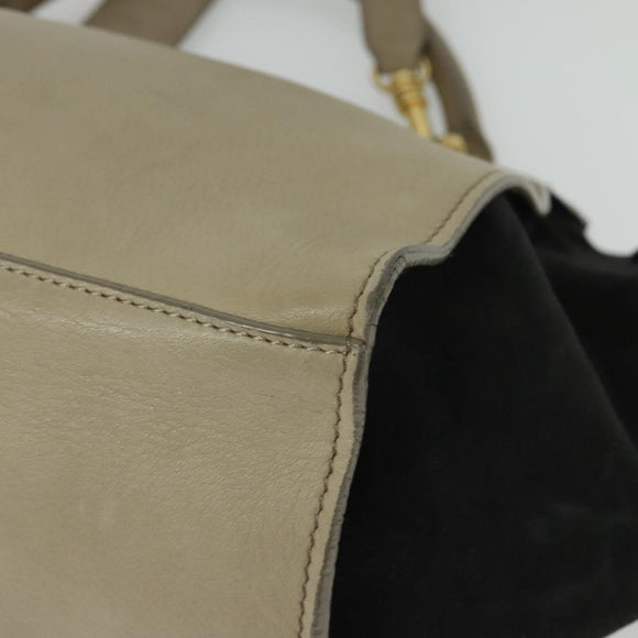 CELINE Trapeze Hand Bag Leather Suede 2way Beige Black gold Auth bs28736