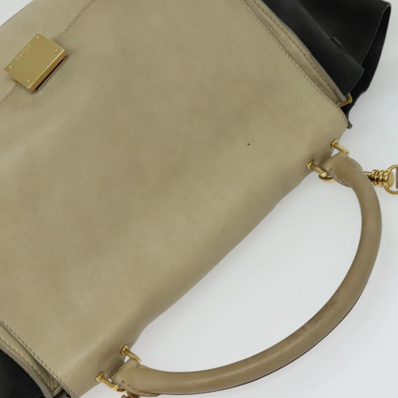 CELINE Trapeze Hand Bag Leather Suede 2way Beige Black gold Auth bs28736