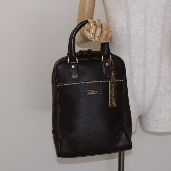 BURBERRY Hand Bag Leather Dark Brown Gold Auth bs28754