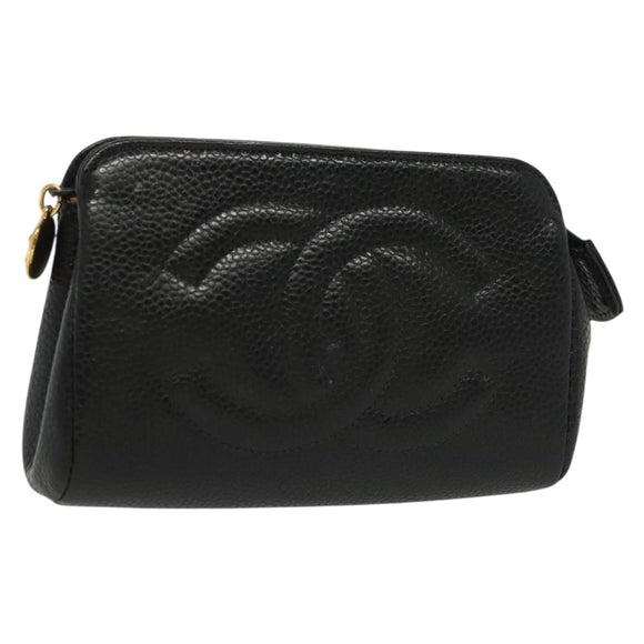 CHANEL Pouch Caviar Skin Black Gold CC Auth bs28771