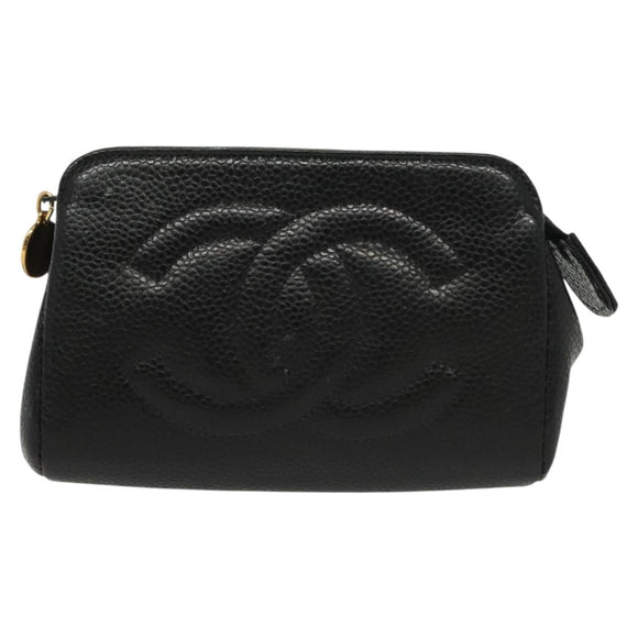 CHANEL Pouch Caviar Skin Black Gold CC Auth bs28771
