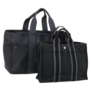 HERMES Tote Bag Canvas 2 Set Black Auth bs28801