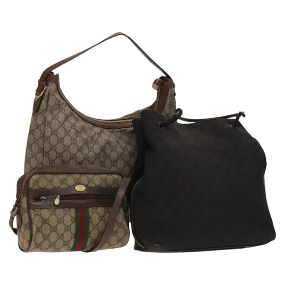 GUCCI GG Canvas Supreme Web Sherry Line Bag Leather PVC 3 Set Beige Auth bs28804