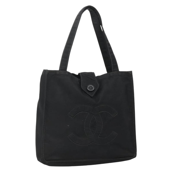 CHANEL Hand Bag Nylon Black Gold CC Auth bs28849