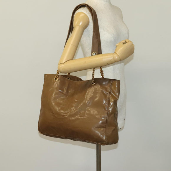 CHANEL Tote Bag Enamel Brown Gold CC Auth bs28851
