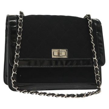 CHANEL Matelasse Chain Shoulder Bag Canvas Leather Black Silver CC Auth bs28854
