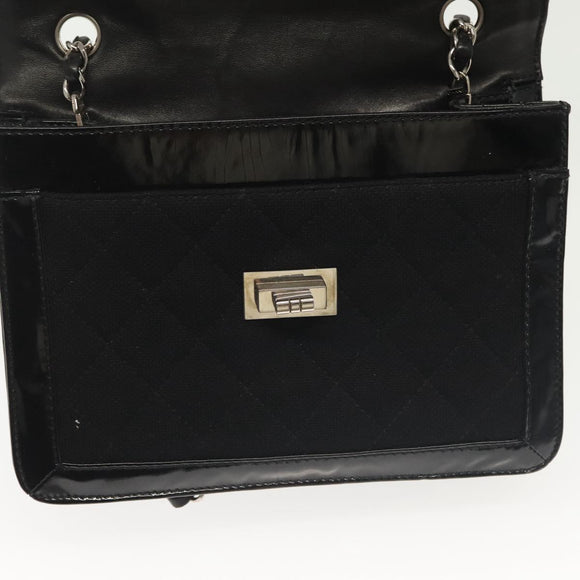 CHANEL Matelasse Chain Shoulder Bag Canvas Leather Black Silver CC Auth bs28854