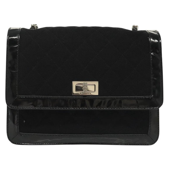 CHANEL Matelasse Chain Shoulder Bag Canvas Leather Black Silver CC Auth bs28854