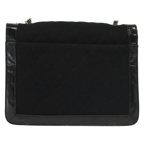 CHANEL Matelasse Chain Shoulder Bag Canvas Leather Black Silver CC Auth bs28854