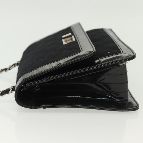 CHANEL Matelasse Chain Shoulder Bag Canvas Leather Black Silver CC Auth bs28854