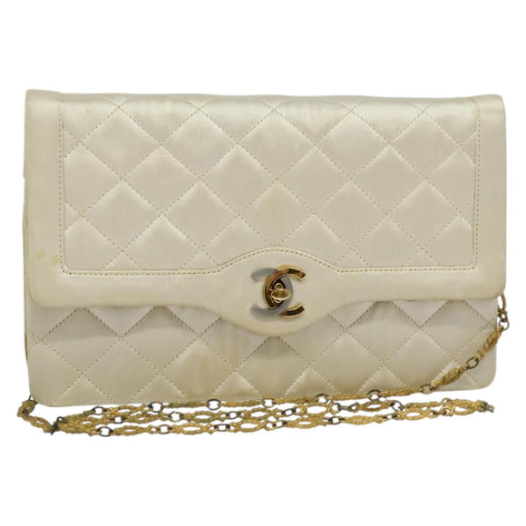 CHANEL Paris Limited Matelasse Chain Bag Satin White Gold CC Auth bs28858
