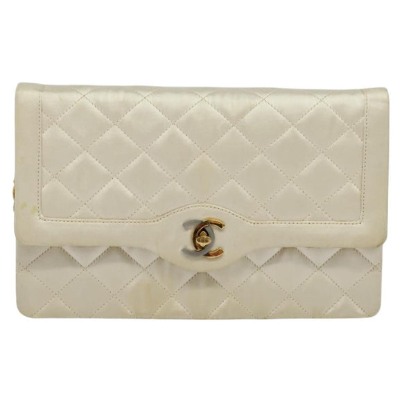 CHANEL Paris Limited Matelasse Chain Bag Satin White Gold CC Auth bs28858
