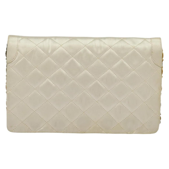 CHANEL Paris Limited Matelasse Chain Bag Satin White Gold CC Auth bs28858
