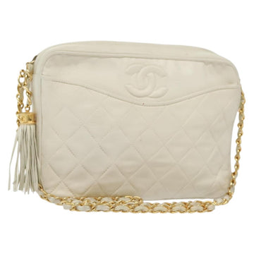 CHANEL Matelasse Chain Shoulder Bag Lamb Skin White Gold CC Auth bs28859