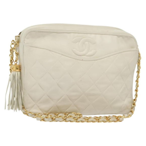 CHANEL Matelasse Chain Shoulder Bag Lamb Skin White Gold CC Auth bs28859
