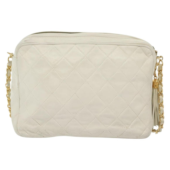 CHANEL Matelasse Chain Shoulder Bag Lamb Skin White Gold CC Auth bs28859