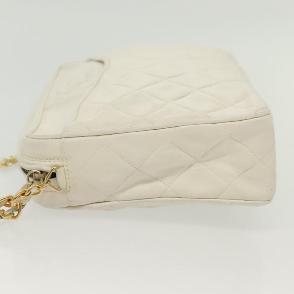 CHANEL Matelasse Chain Shoulder Bag Lamb Skin White Gold CC Auth bs28859