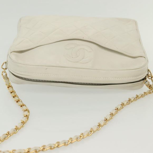 CHANEL Matelasse Chain Shoulder Bag Lamb Skin White Gold CC Auth bs28859