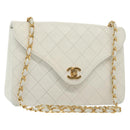 CHANEL Matelasse Chain Shoulder Bag Lamb Skin White Gold CC Auth bs28860-1