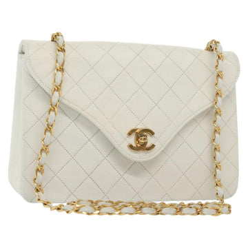 CHANEL Matelasse Chain Shoulder Bag Lamb Skin White Gold CC Auth bs28860