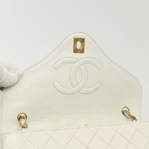 CHANEL Matelasse Chain Shoulder Bag Lamb Skin White Gold CC Auth bs28860