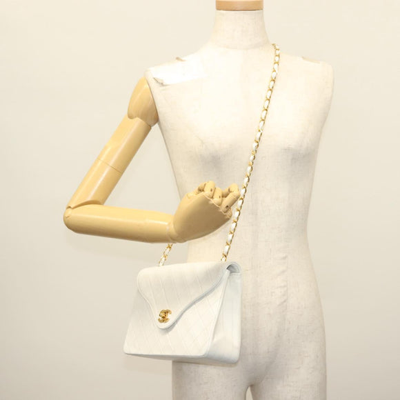 CHANEL Matelasse Chain Shoulder Bag Lamb Skin White Gold CC Auth bs28860