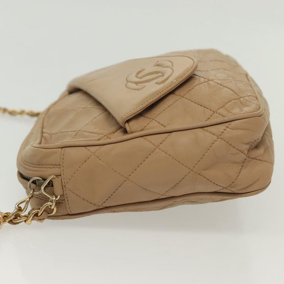 CHANEL Matelasse Chain Shoulder Bag Lamb Skin Beige Gold CC Auth bs28861