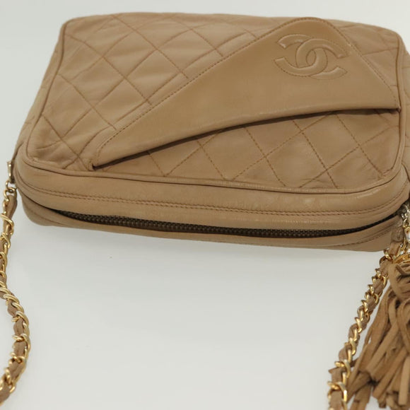 CHANEL Matelasse Chain Shoulder Bag Lamb Skin Beige Gold CC Auth bs28861